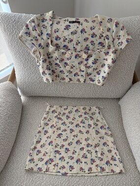 Zara Matching Floral Set – Square Neck Crop Top + Mini Skirt
